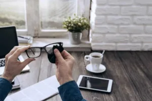 Male hands cleaning glasses over wood desk with coffee and tablet